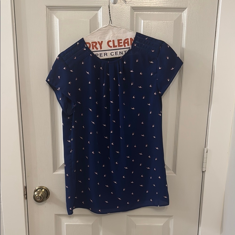Navy Blue Blouse with Bird Print